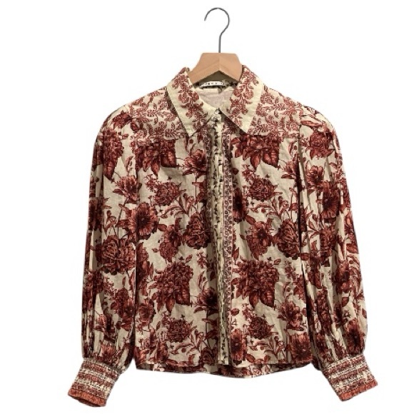 Alice + Olivia Triffie Drama Sleeve Blouse, Red/Rose Floral, Button Down, XS - Picture 2 of 16